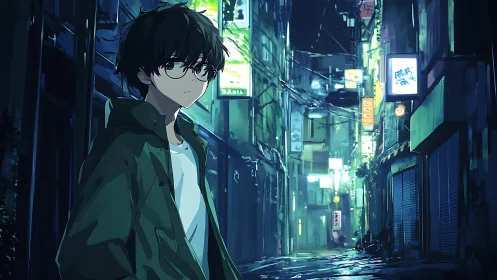 Midnight wanderer in neon-soaked alleyway hush.
