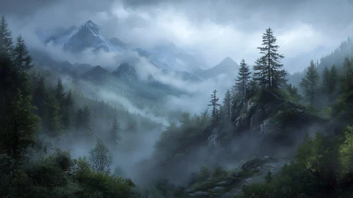 Digital painting of mist-laden alpine conifer forest panorama.