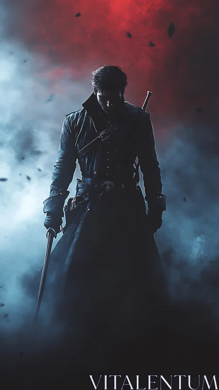Dark swordsman silhouette within red and blue fog banks.