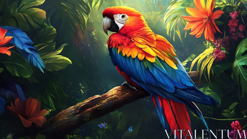 Vibrant Scarlet Macaw Perched in Lush Tropical Jungle Artwork.
