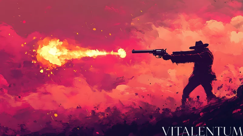Lone gunslinger paints the dusk sky with molten fire