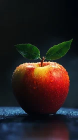 Red apple with water droplets against dark studio background.