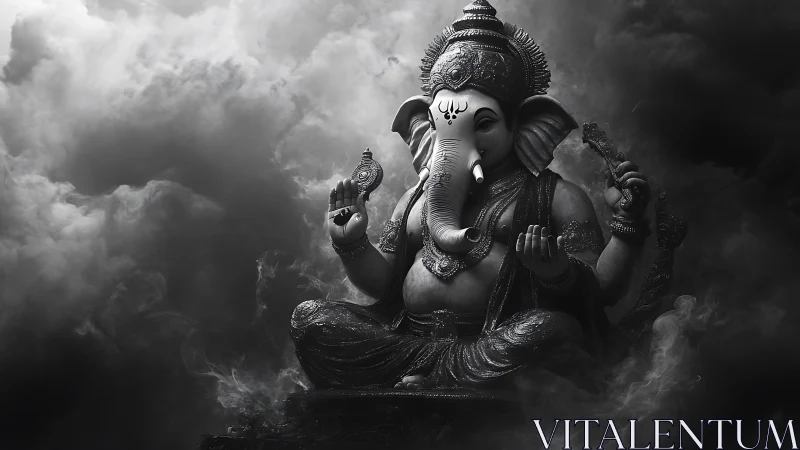 Ganesh statue sits amid dense swirling monochrome smoke