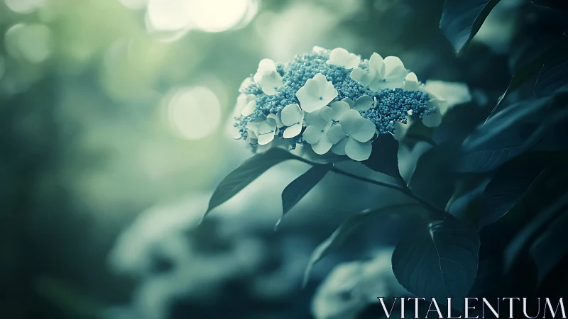 Delicate Lacecap Hydrangea Bloom Captured in Soft Atmospheric Light.