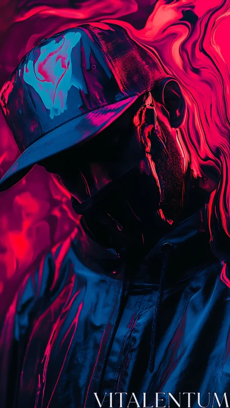 Hooded figure in cap lit by neon pink and blue lighting