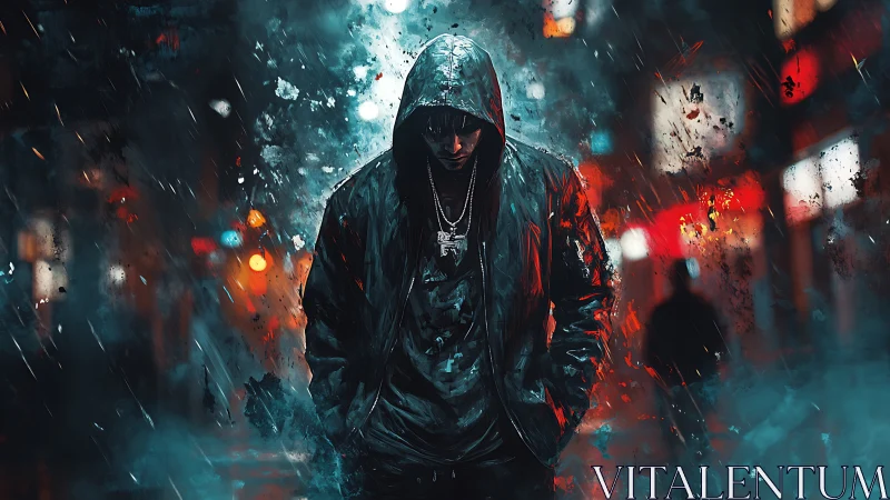 Hooded urban figure in neon-saturated rainfield abstraction.