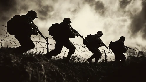 Backlit infantry silhouettes advance along barbed-wire trench line