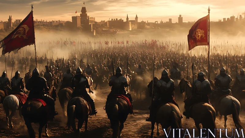 Late-medieval cavalry formation confronts massed infantry before citadel