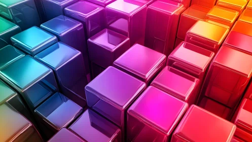 Multicolored reflective cube columns in dense geometric grid.