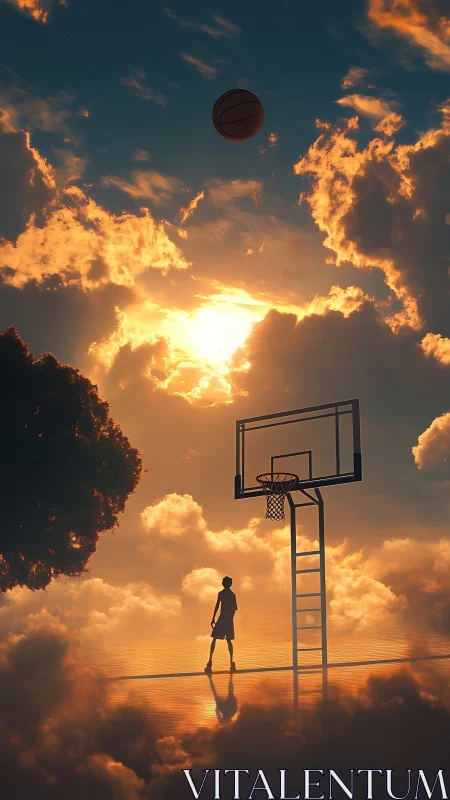 Sunset court dreamscape with silhouetted basketball player.