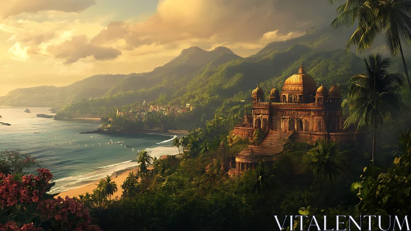 Coastal jungle temple before distant town at sunset.