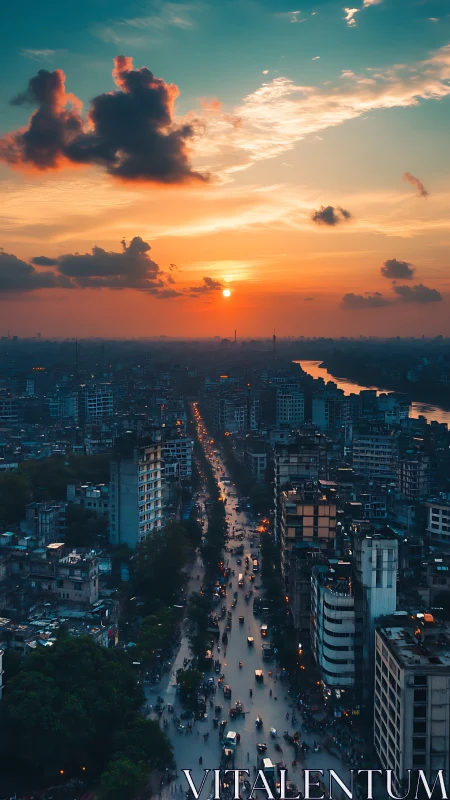 Vertical cityscape at sunset with leading-line traffic axis.