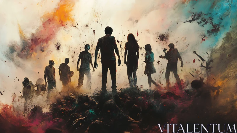 Silhouetted survivors stand over chaotic horde in mist
