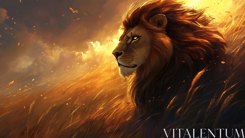 Majestic lion profile in golden sunset grasslands scene.