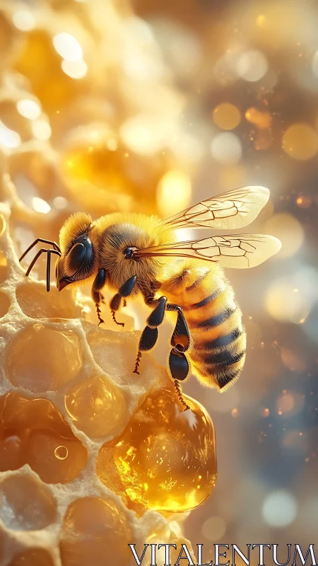 Honey bee collecting nectar on honeycomb structure close-up.