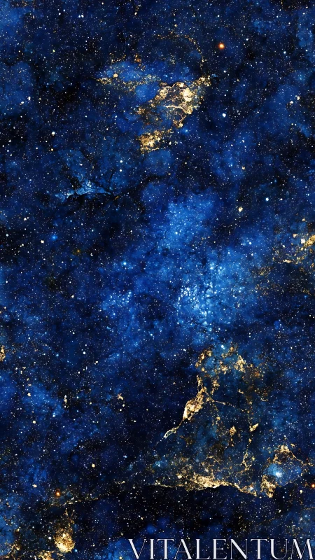 Deep blue starfield with irregular golden nebula regions.