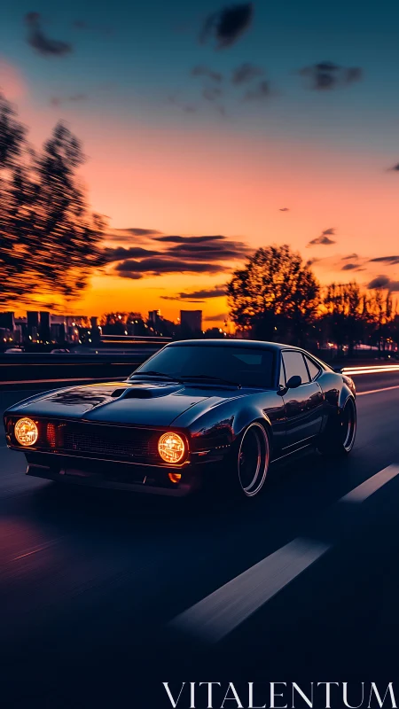 Midnight muscle car streaking through ember city dusk.