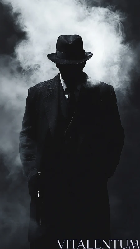 Noir silhouette of fedora man in smoke-filled low key lighting.