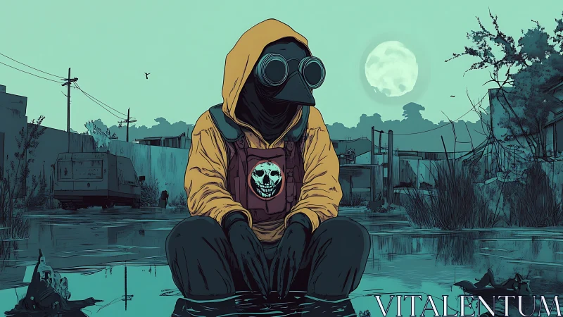 Moonlit plague wanderer broods in flooded urban ruins.