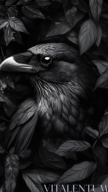 Monochrome raven portrait concealed in dense foliage detail.