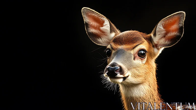 Gentle young deer gazing softly from a velvety dark background.
