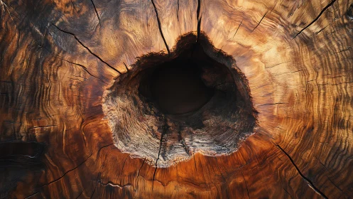 Close-up of Tree Trunk Cross Section with Hollow Center, Natural Texture.