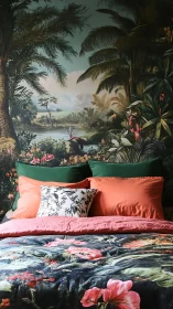 Tropical jungle mural bedroom with layered botanical textiles