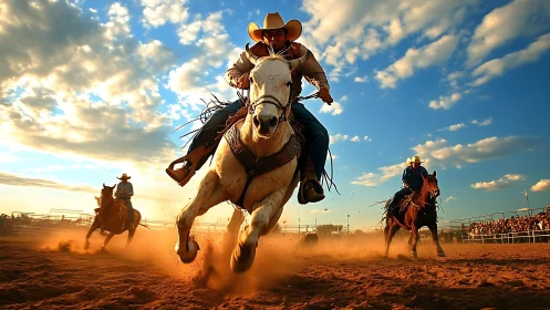 Cowboys on galloping horses at dusty outdoor rodeo arena.