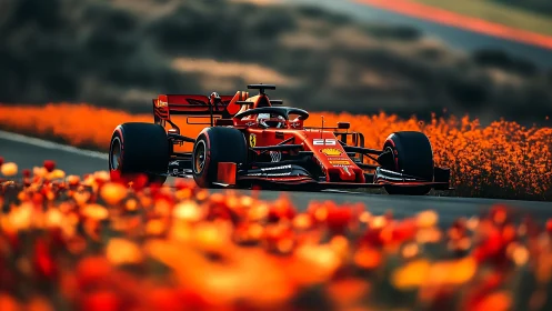 Ferrari F1 car on racing circuit framed by vivid orange flora