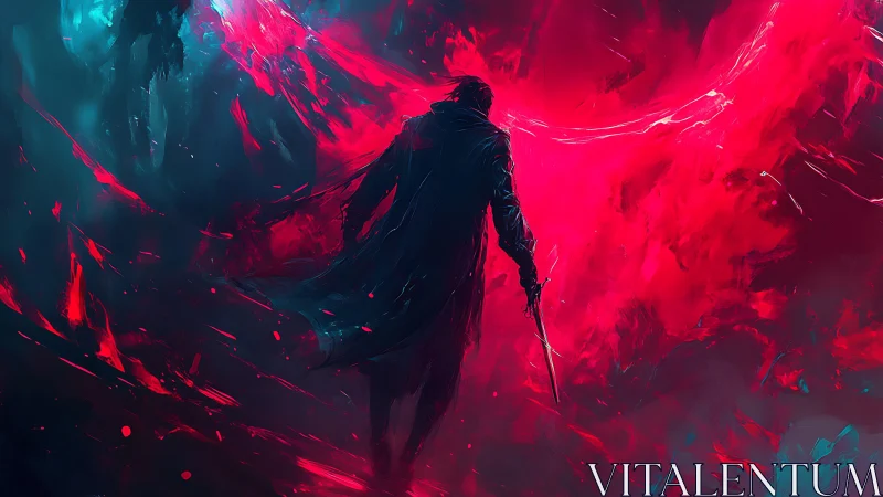 Shadowed wanderer carves a crimson path through chaos light