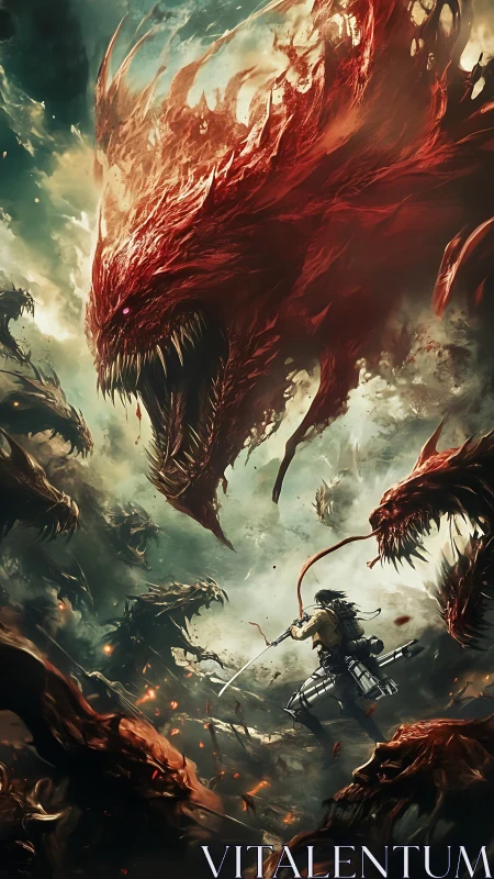 Samurai confronts colossal infernal dragon amid storm.