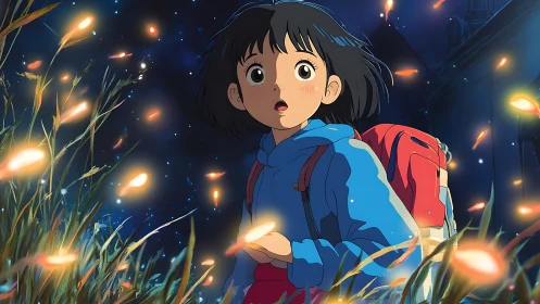 Starstruck wanderer meets firefly spirits in midnight grasslands.