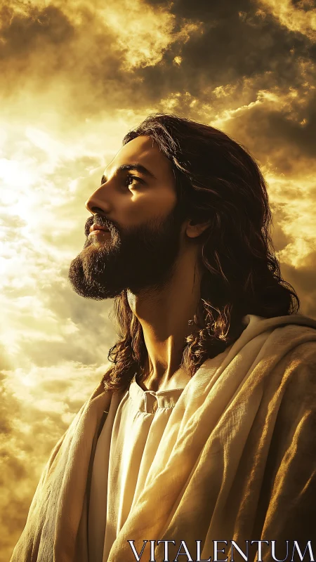 Photorealistic devotional portrait with luminous sky backdrop.