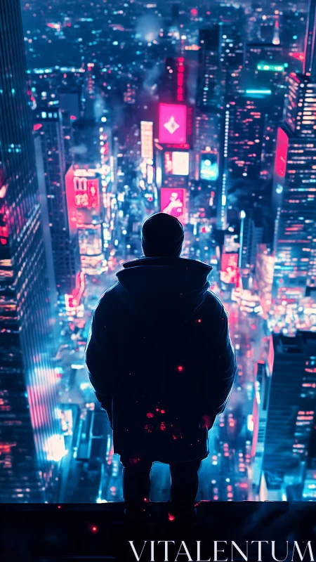 Figure observing neon city skyline from high rooftop at night.