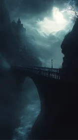 Moonlit gothic bridge spans misty ravine under luminous storm