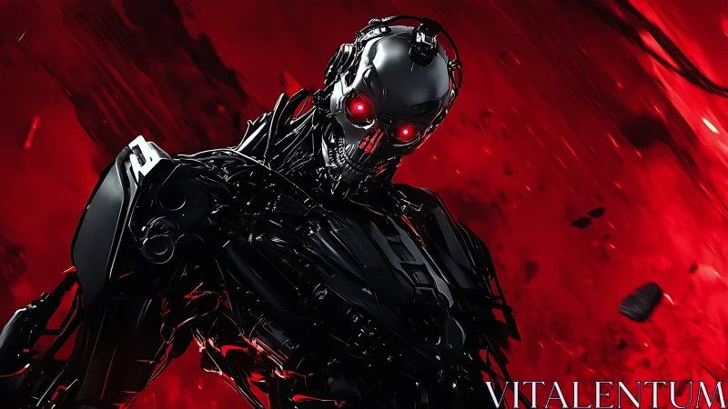 Chrome war machine leans from a crimson storm and stares