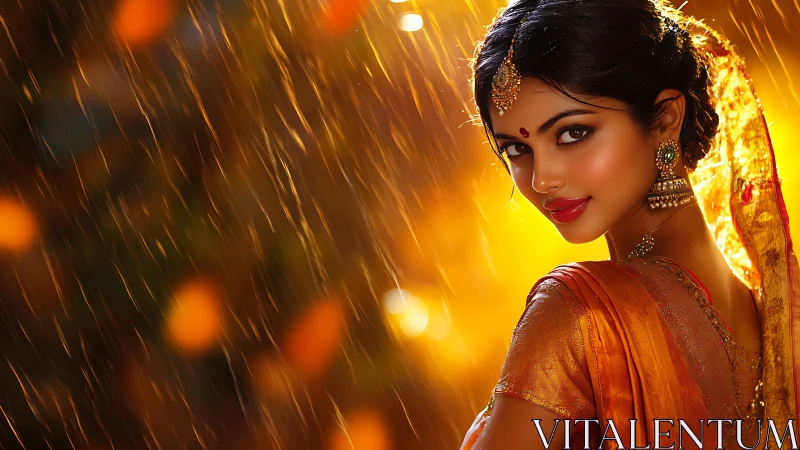 Golden monsoon muse in sari, shimmering through rainlight.