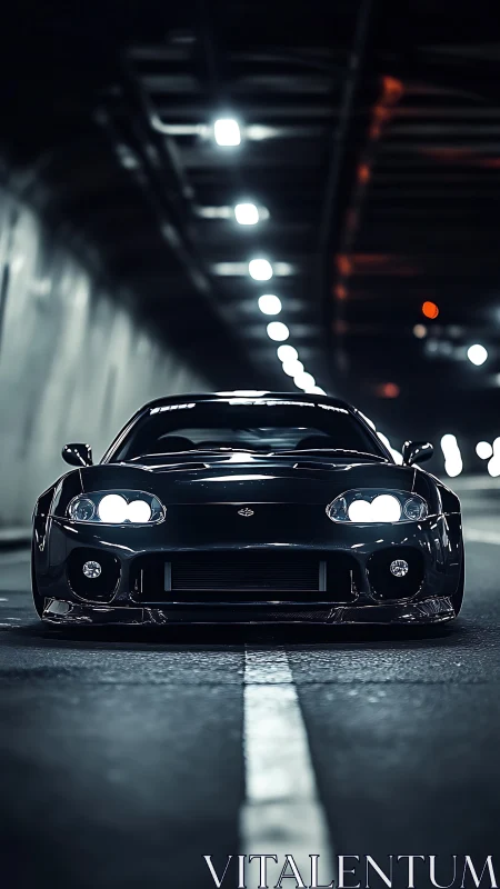 Midnight tunnel cruiser poised under a trail of lights.