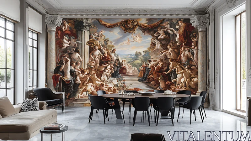Modern dining room showcases monumental baroque mural centerpiece