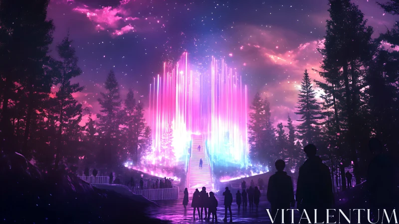 Digital painting of neon forest portal with luminous ascension stairs.