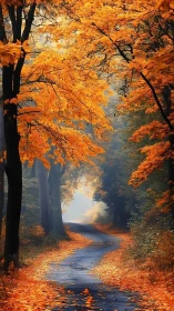 Curving forest lane under vivid fiery autumn canopy.