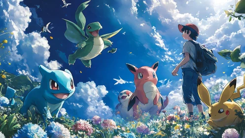 Human figure stands among stylized creatures in flower field