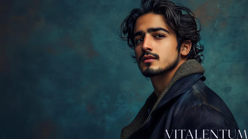 Male subject in leather coat against textured teal backdrop.