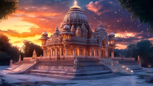 Sunlit marble temple under glowing twilight skyscape.