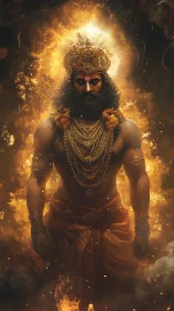 Mythic warrior deity engulfed in radiant golden flames.
