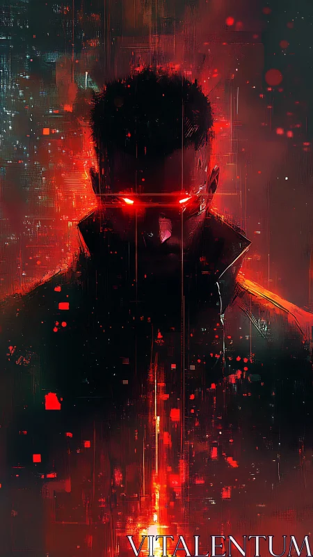 Cybernetic silhouette with glowing red visor in flame-lit void.