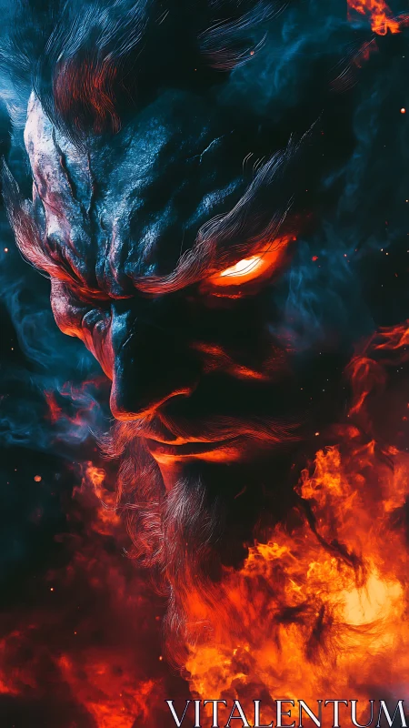Fiery humanoid face emerges from dense smoke and flames