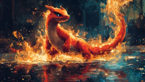 Fiery lizard creature strides through blazing reflective water.