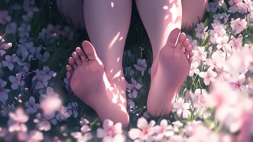 Bare feet rest among dense flowers under dappled light