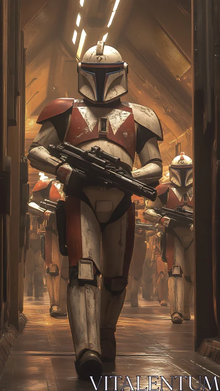 Armored sci fi soldiers march down dim metallic corridor.